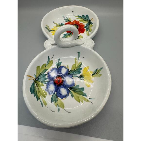 Vintage Beautiful Hand Painted Divided Dish Floral Handle Made In Italy Spring - Picture 5 of 10